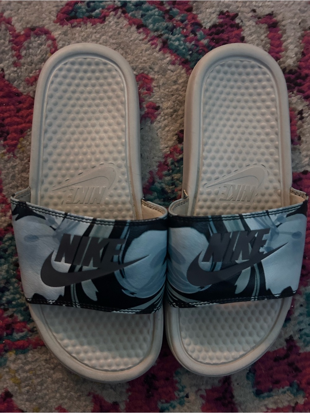 Nike Black and White Graphic Slide Sandals